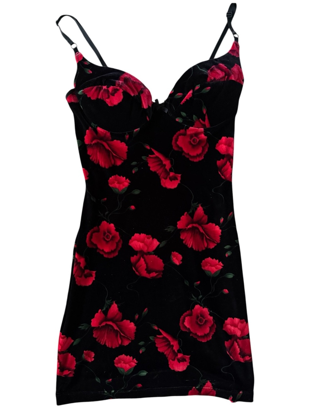Vinatge Black and Red Poppy Floral Velvet Mini Dress Spaghetti Straps Padded Cup